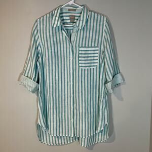 Chico's No Iron Sz 2.5 (US 14) Blue White 3/4 Sleeve Striped Linen Shirt Tunic